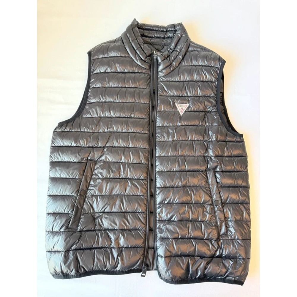 GUESS Men's XL Black Shiny Puffer Vest Quilted Full Zip Lightweight Logo